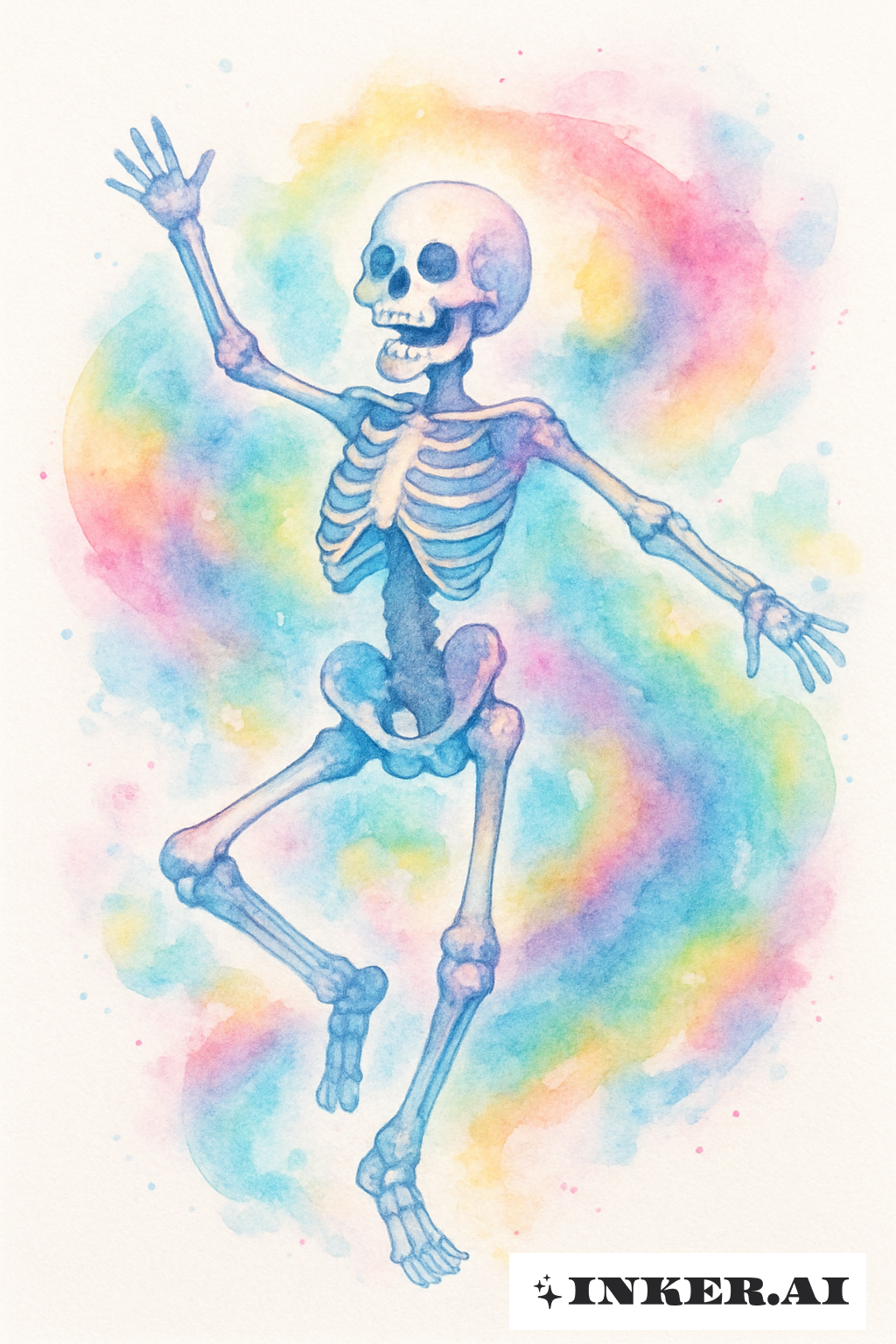 Joyful Dancing Skeleton in a Rainbow Mist