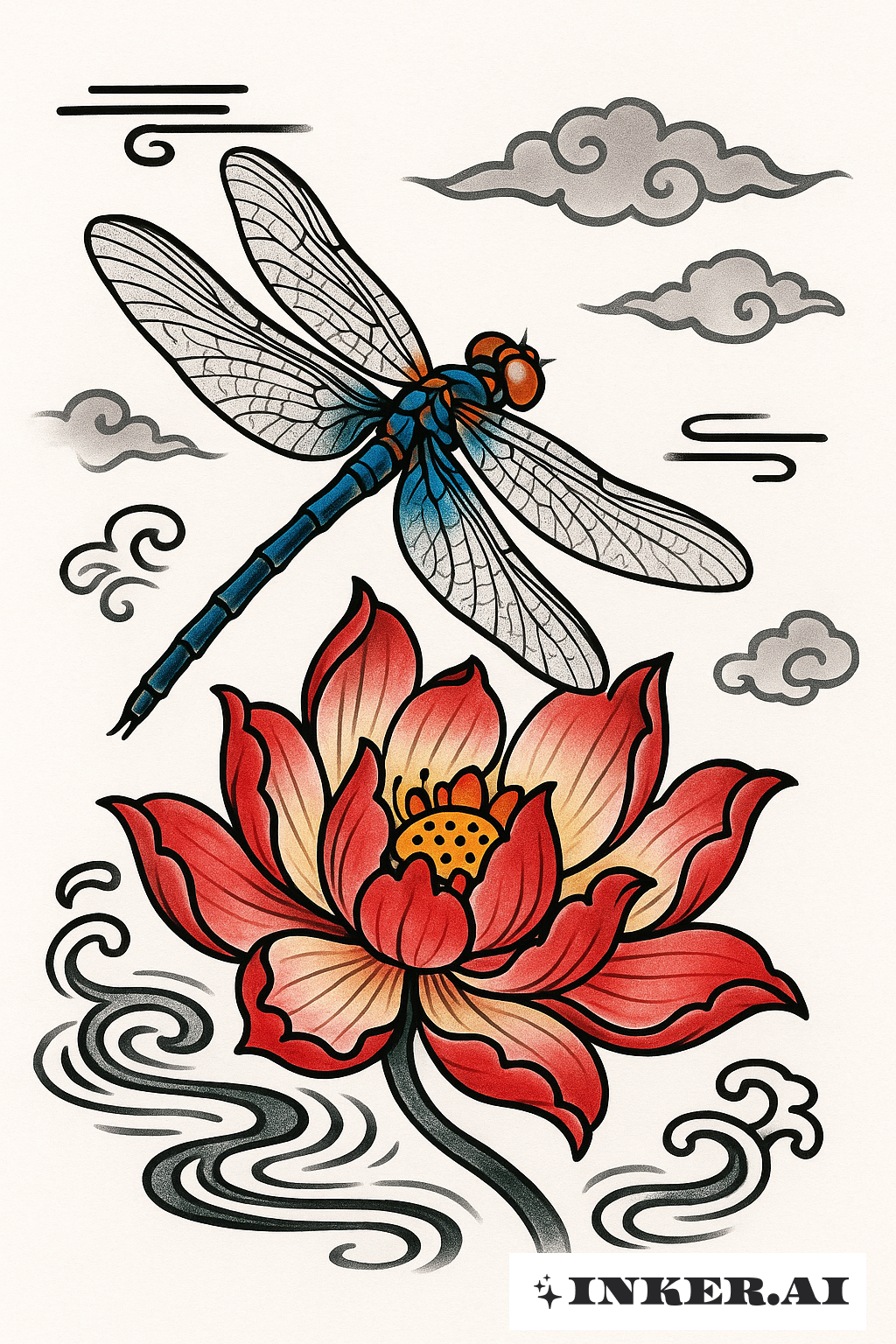 Dragonfly and Traditional Lotus Flower