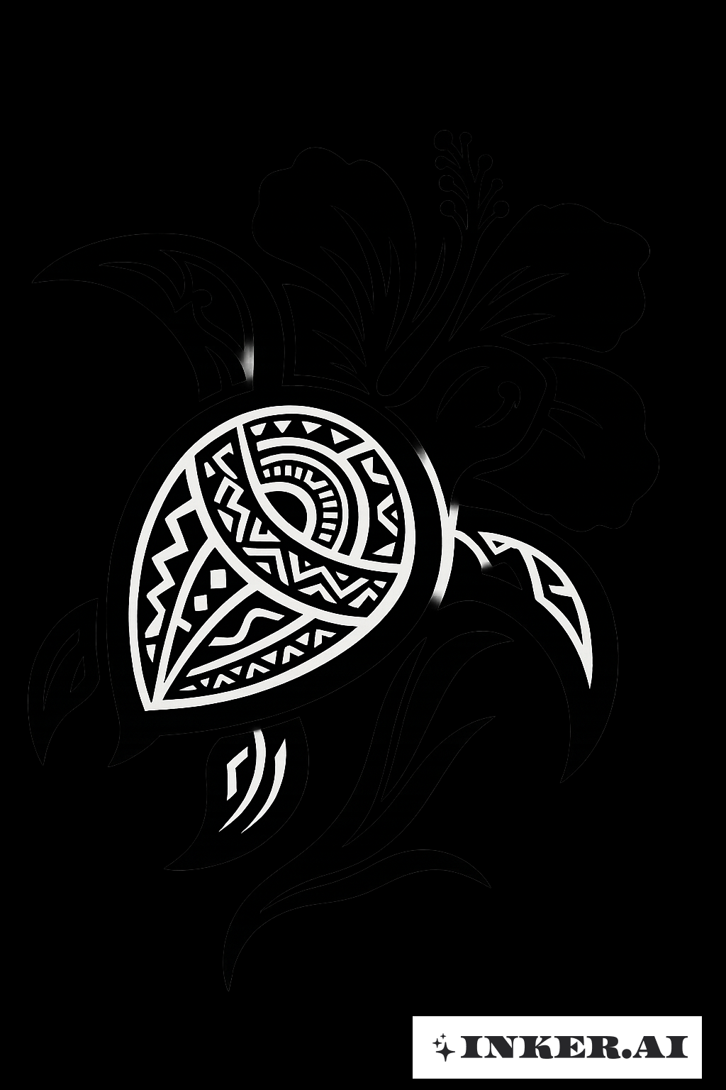 Tribal Sea Turtle With A Hibiscus Flower