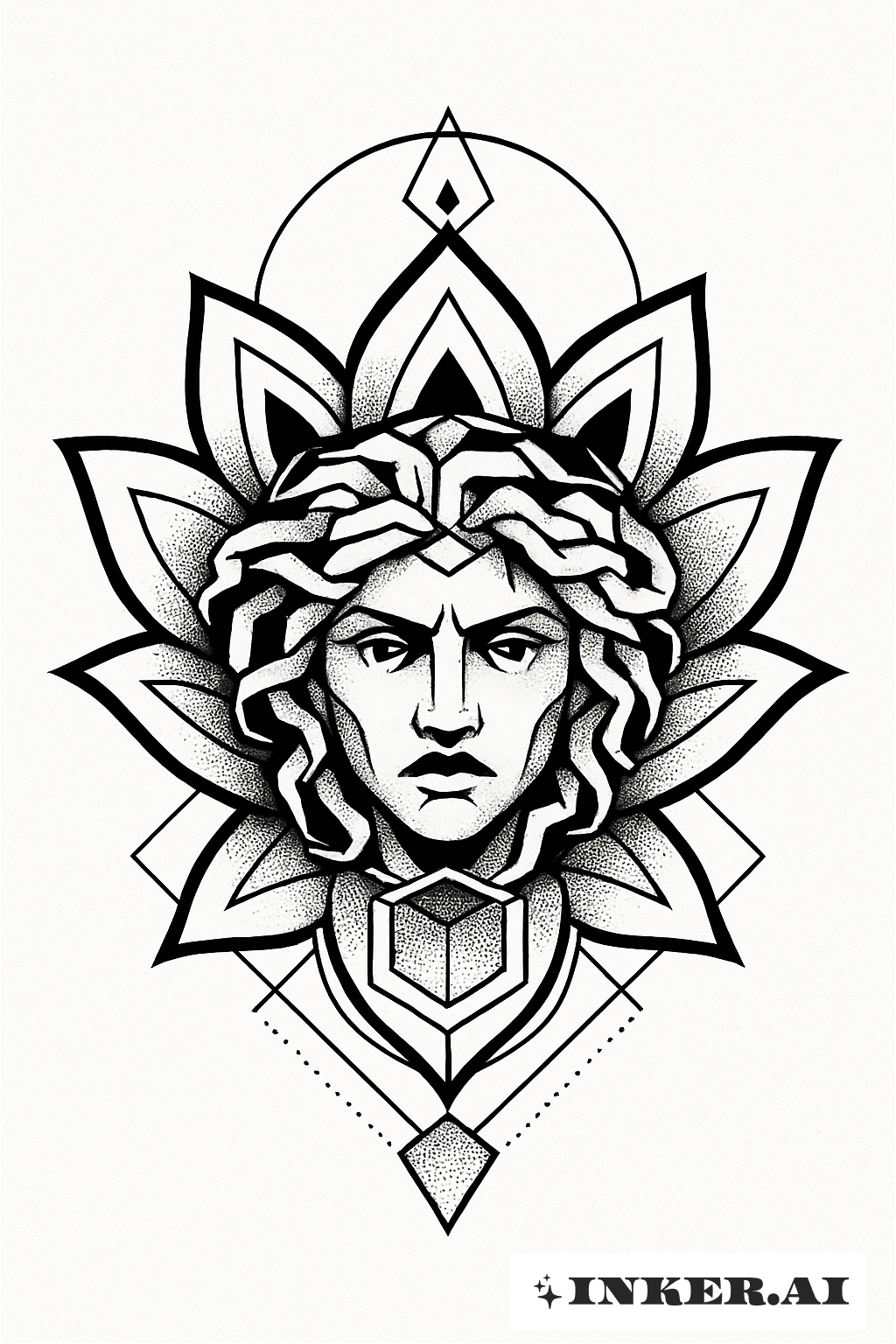 Medusa's Face within a Geometric Lotus Flower