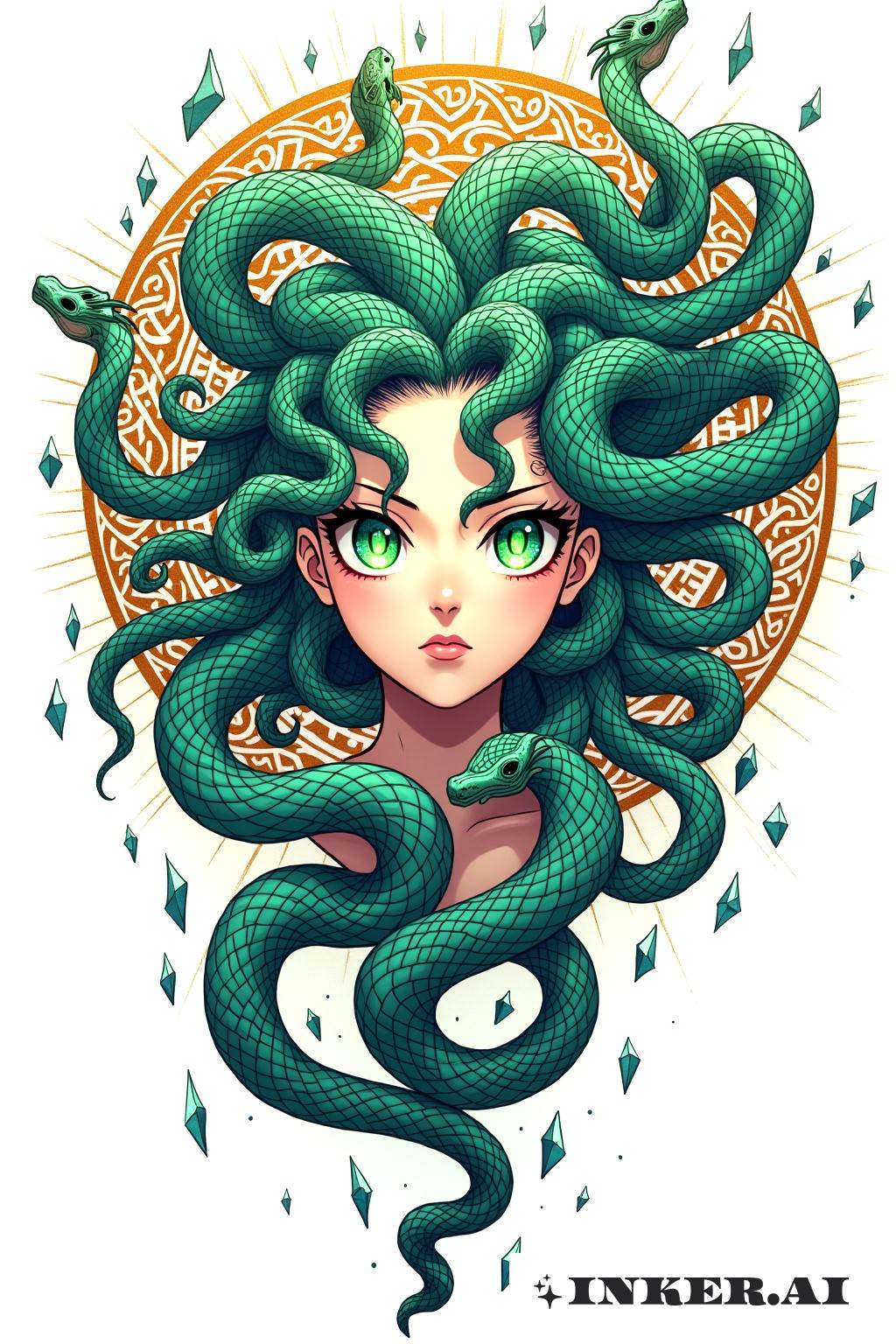 Một hình xăm mozai chi tiết với Medusa tóc xà rắn, nắm bắt bản chất huyền thoại và sức hút bí ẩn.