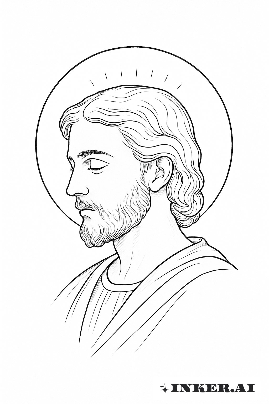 The tattoo depicts San Judas, also known as Saint Jude, portrayed with intricate details and fine lines, holding a staff and a medallion.