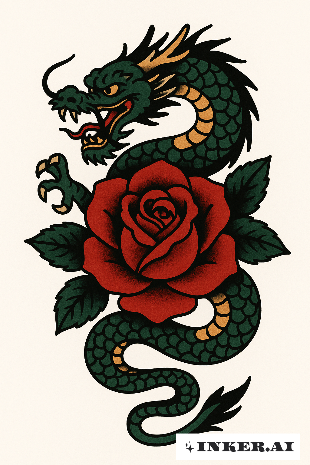 纏繞紅玫瑰的日本龍