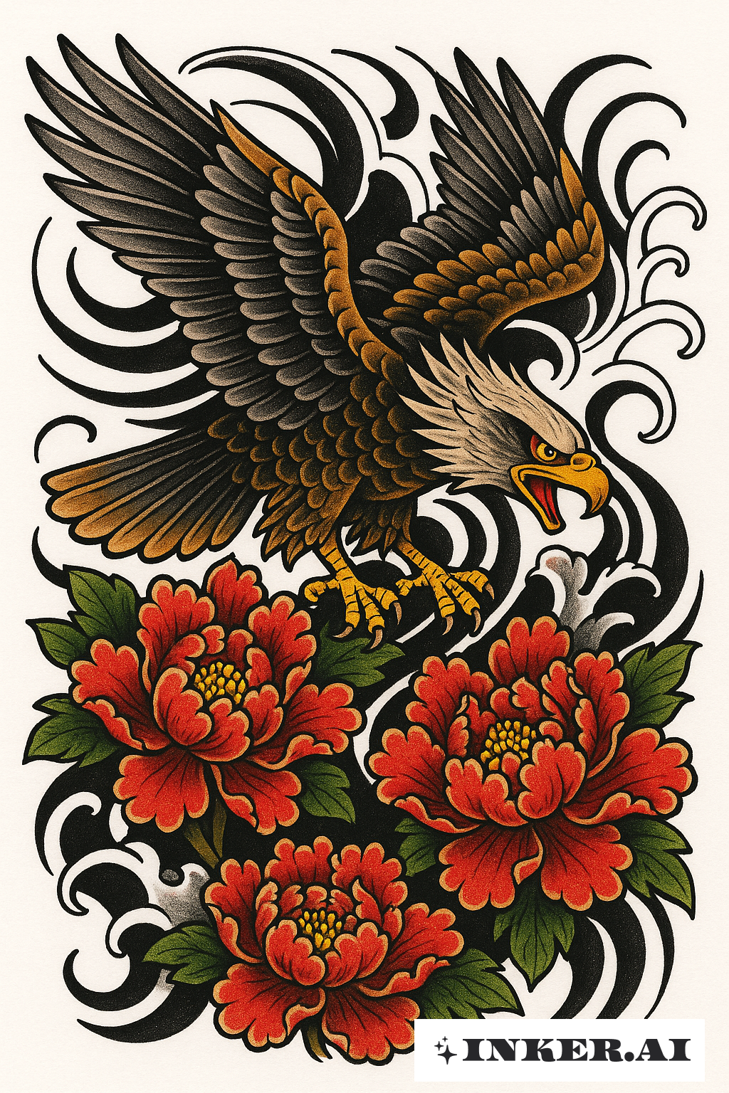 Águia com Peônias e Barras de Vento