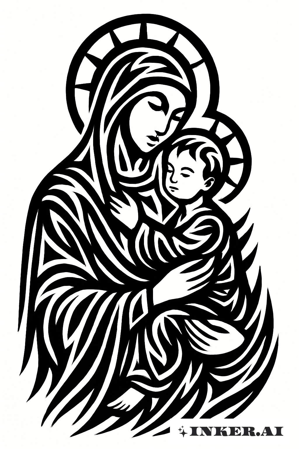 Vierge Marie et Enfant en Forme Tribale Audacieuse