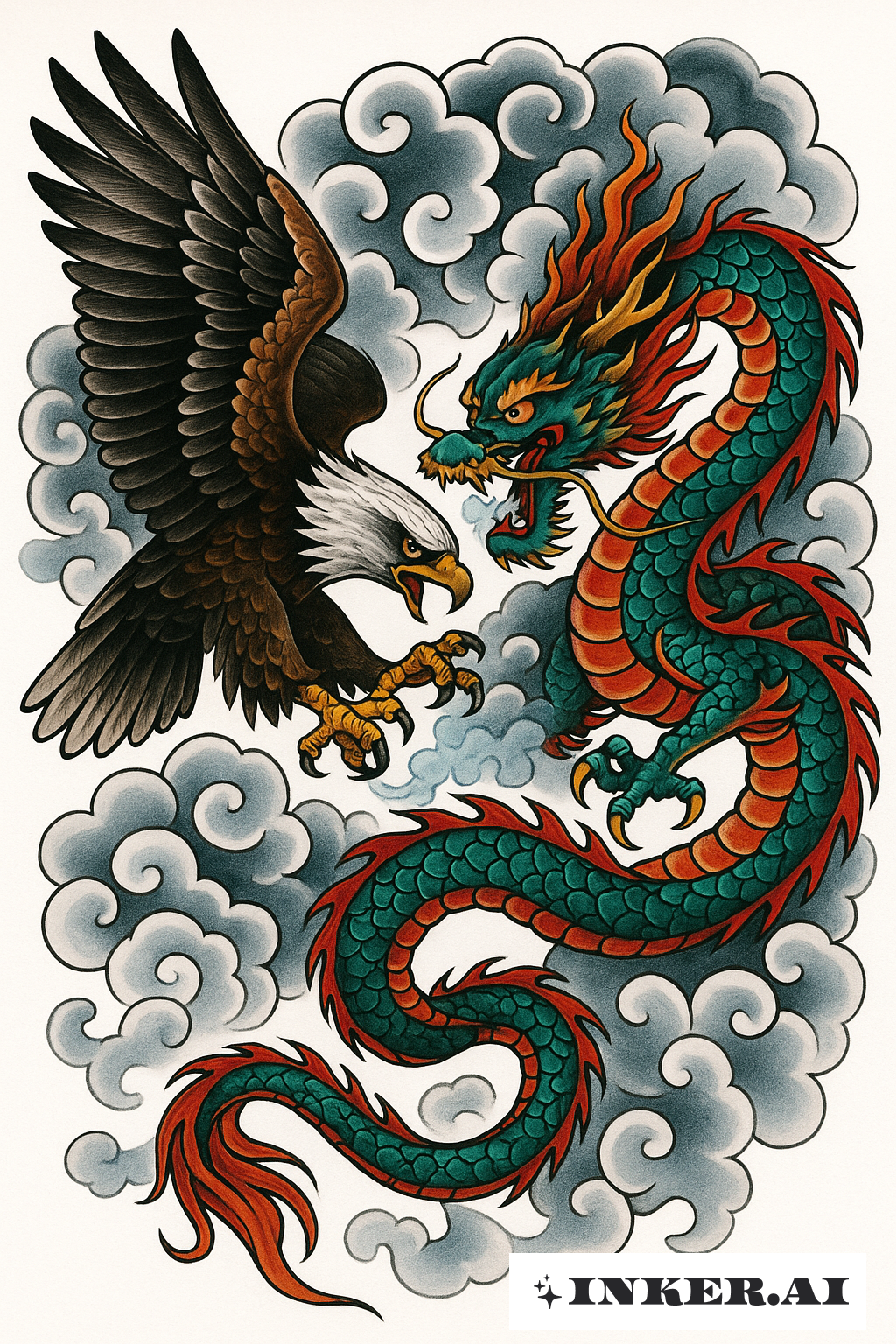 Águia Lutando com Dragão nas Nuvens