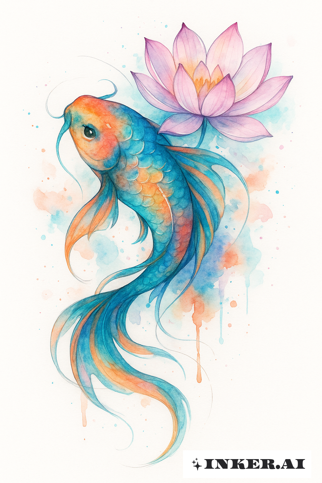 Abstract Color Koi and Lotus Flower