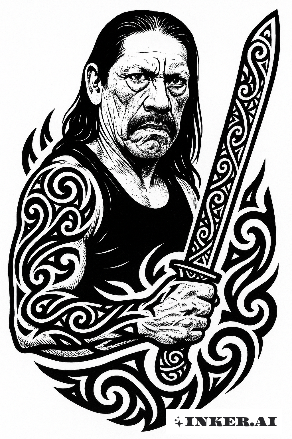 Danny Trejo mit einem Tribal-Muster-Machete
