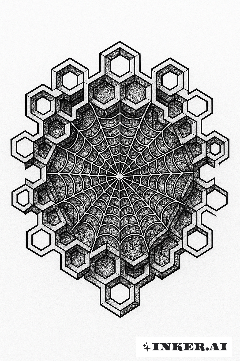 Das Bild zeigt ein komplexes geometrisches Muster, das Elemente eines Spinnennetzes und einer Wabe kombiniert und geschickt in ein Tattoo-Design eingewoben ist.