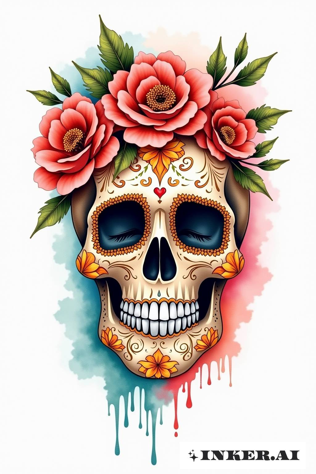 Una calavera de azúcar adornada con una vibrante corona floral en estilo acuarela