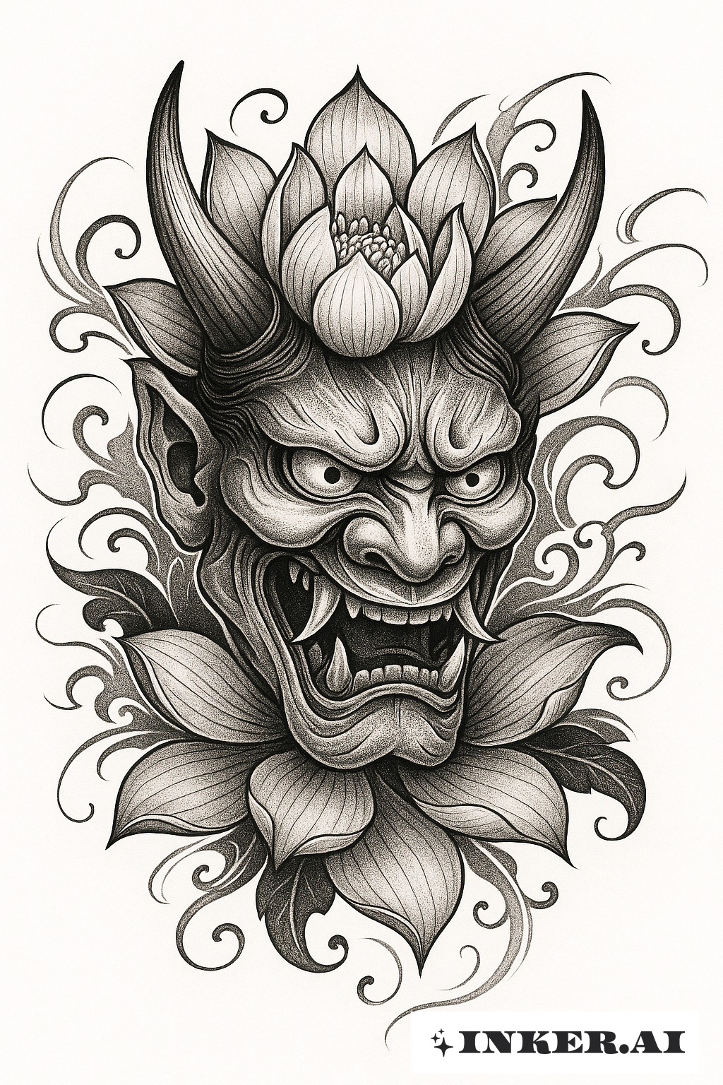 Oni Mask with a Japanese Lotus Flower