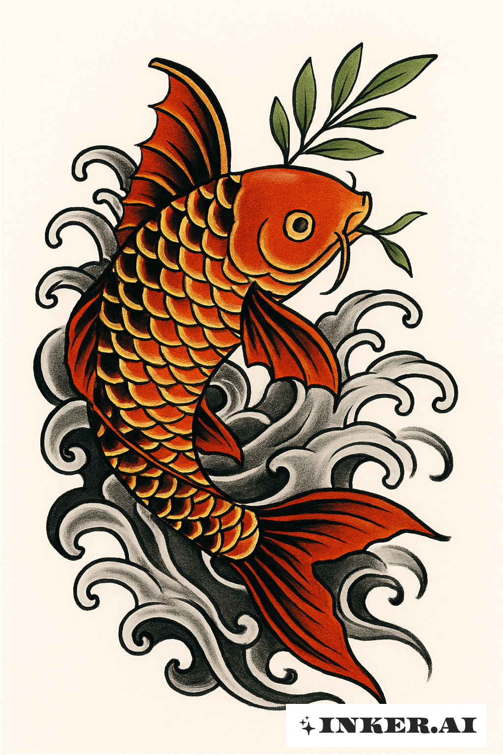 Desenho de Tatuagem Peixe Koi com um Ramo de Oliveira na Boca: Download  Grátis e Teste Virtual, image size:1024x1536