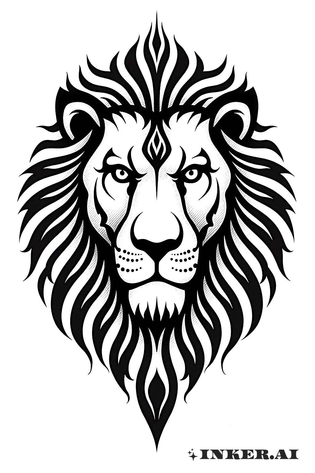 Un impresionante tatuaje que representa la cara de un león con elementos tribales, artísticamente dividida en secciones que resaltan las majestuosas características del león.