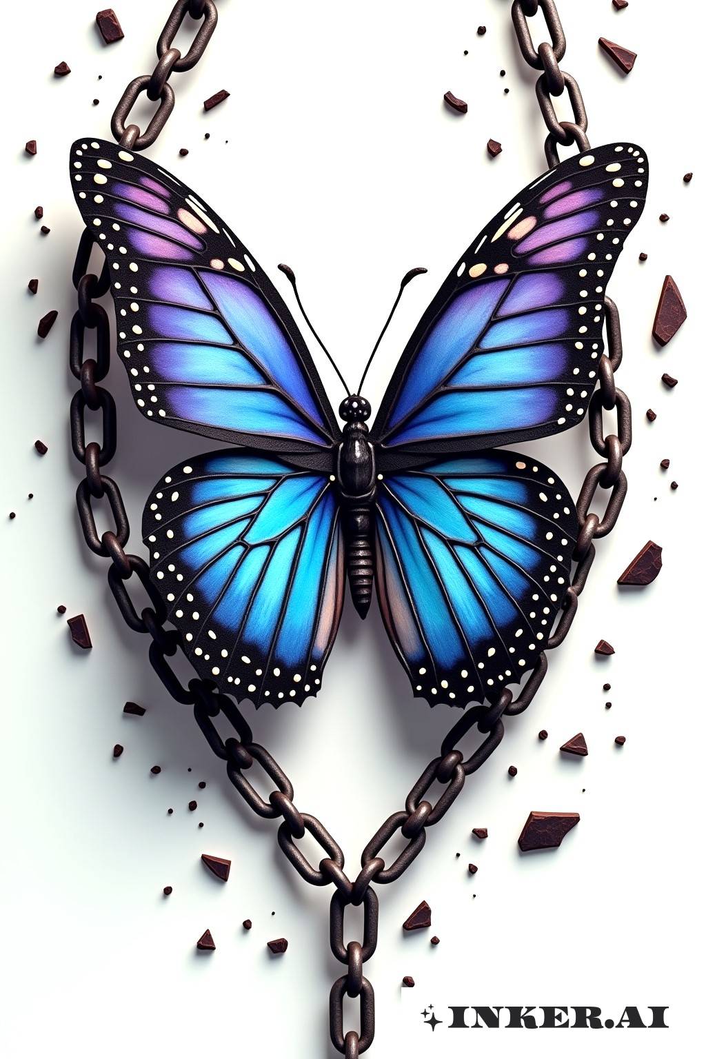 Una mariposa se libera de cadenas metálicas, simbolizando transformación y liberación en un estilo realista.