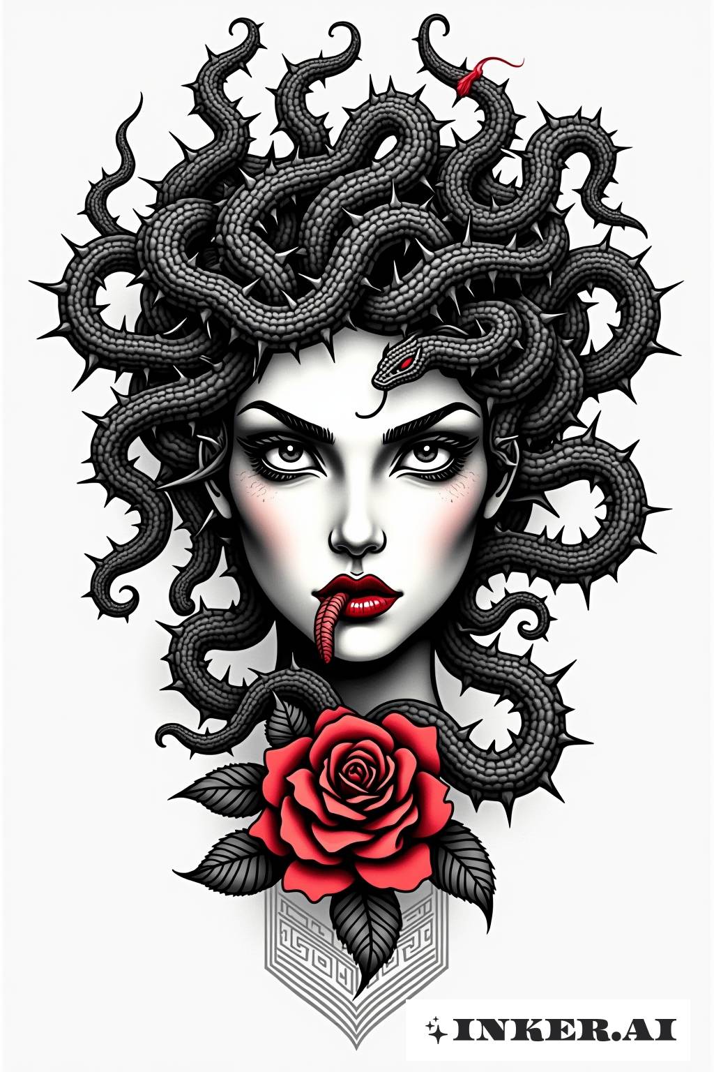 Một Medusa với tóc gai, khuôn mặt nàng thể hiện sự giận dữ, được bao quanh bởi một bầu không khí tối tăm và đáng sợ.