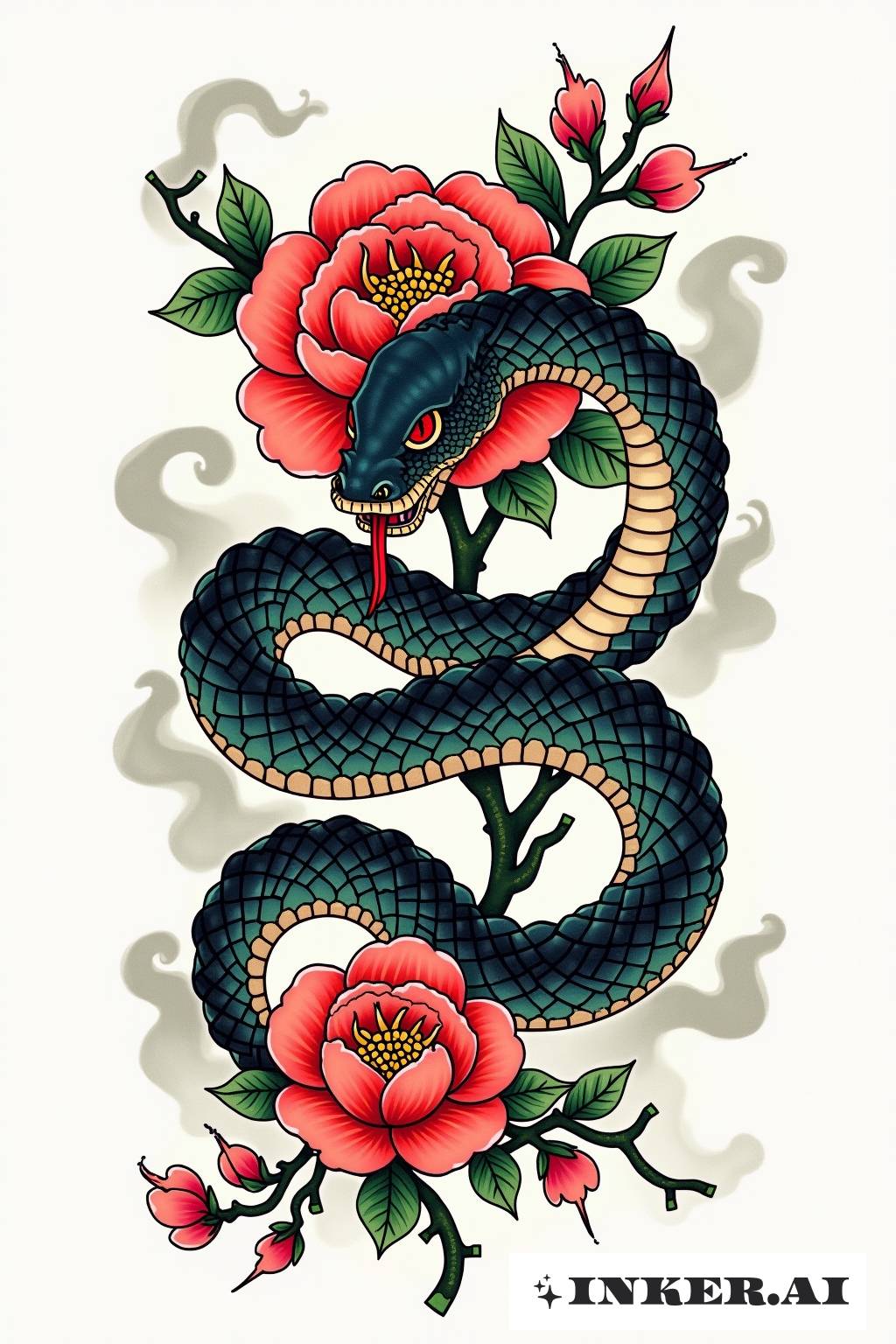 Un serpent entoure gracieusement une rose rouge, sur un fond aux tons sombres avec un peu de verdure.