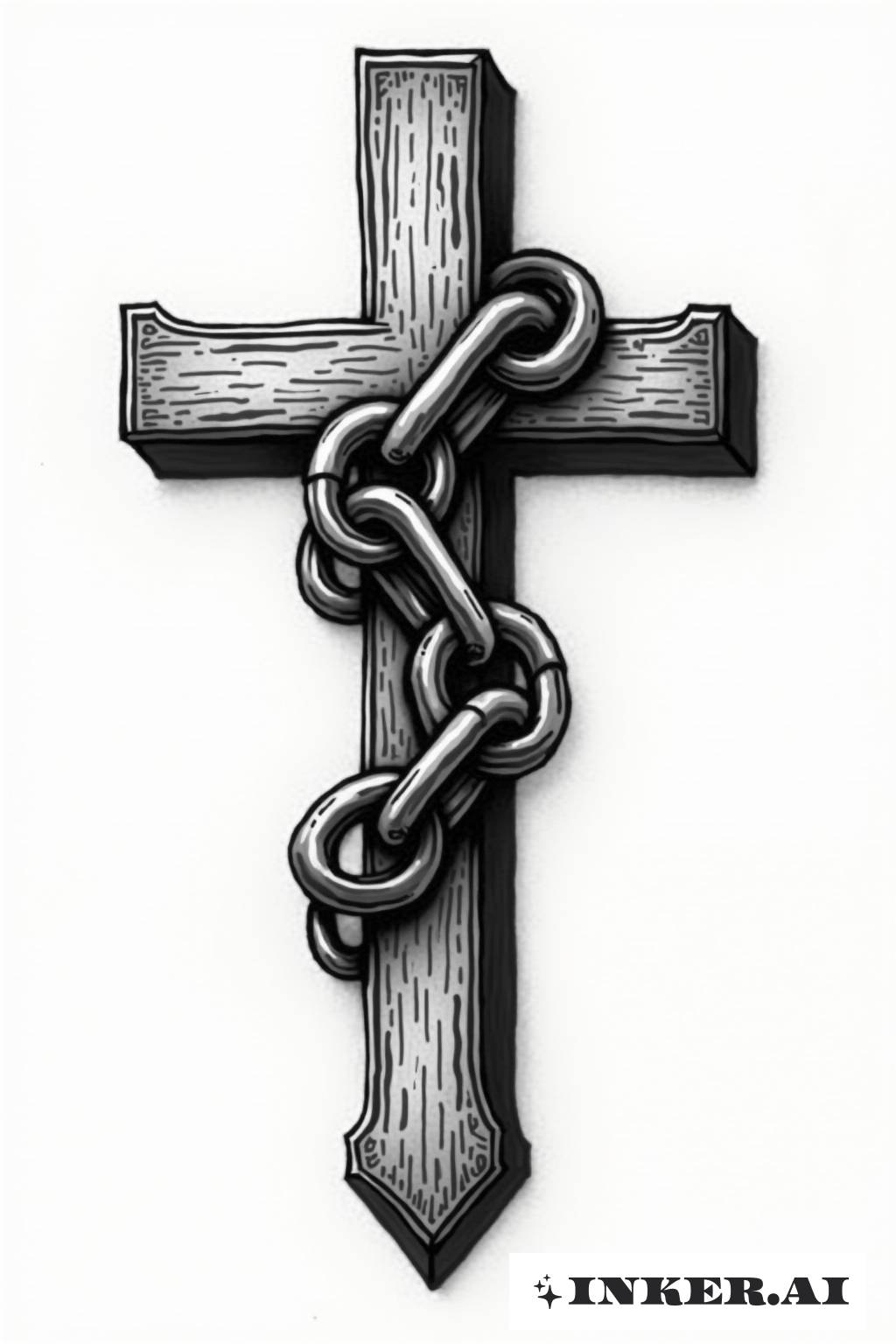 Ein Kreuzdesign, das durch komplexe Kettenglieder verbunden ist und Stärke und Einheit in seiner Kunstfertigkeit symbolisiert.