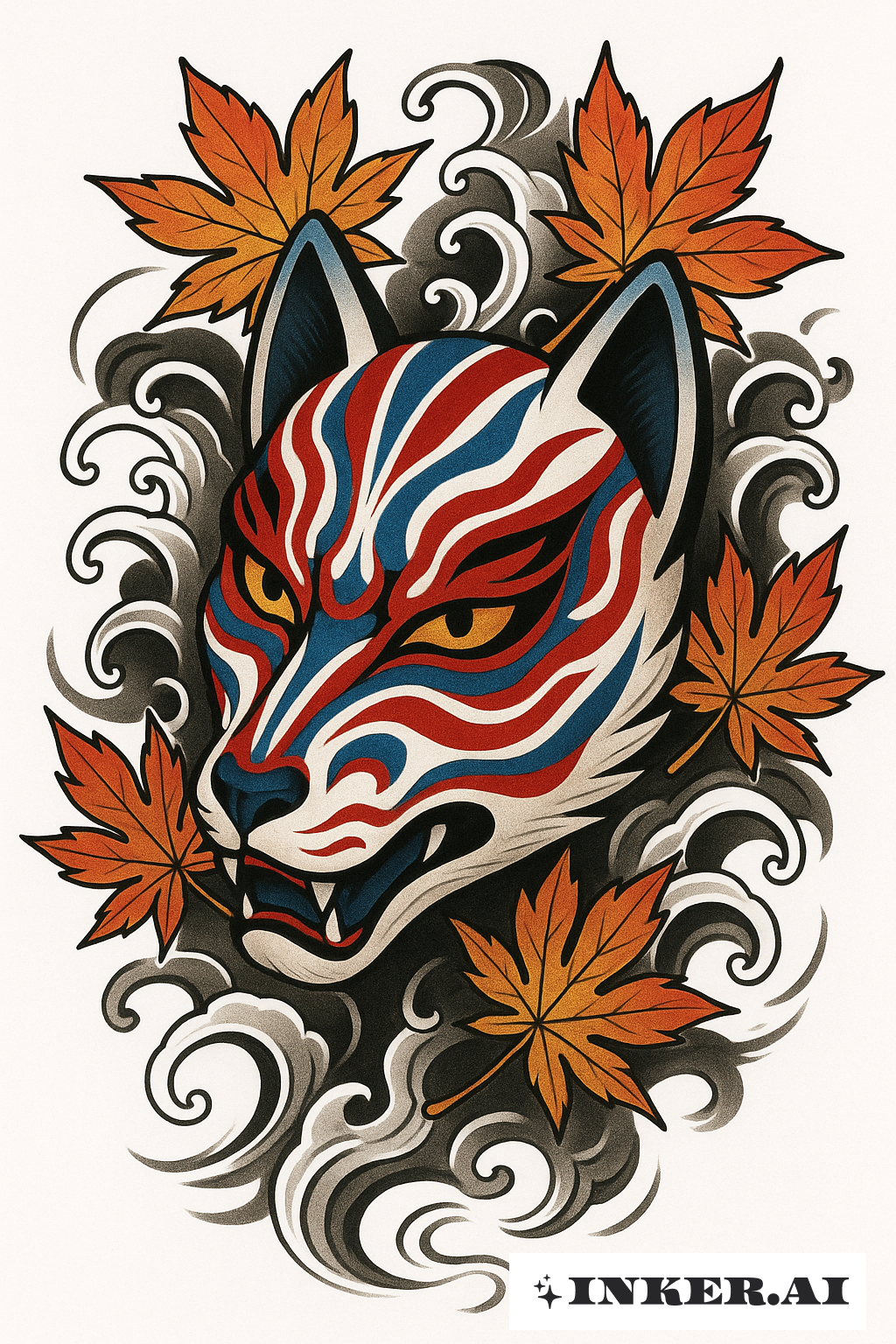 Un masque de renard kabuki féroce avec des feuilles d'érable