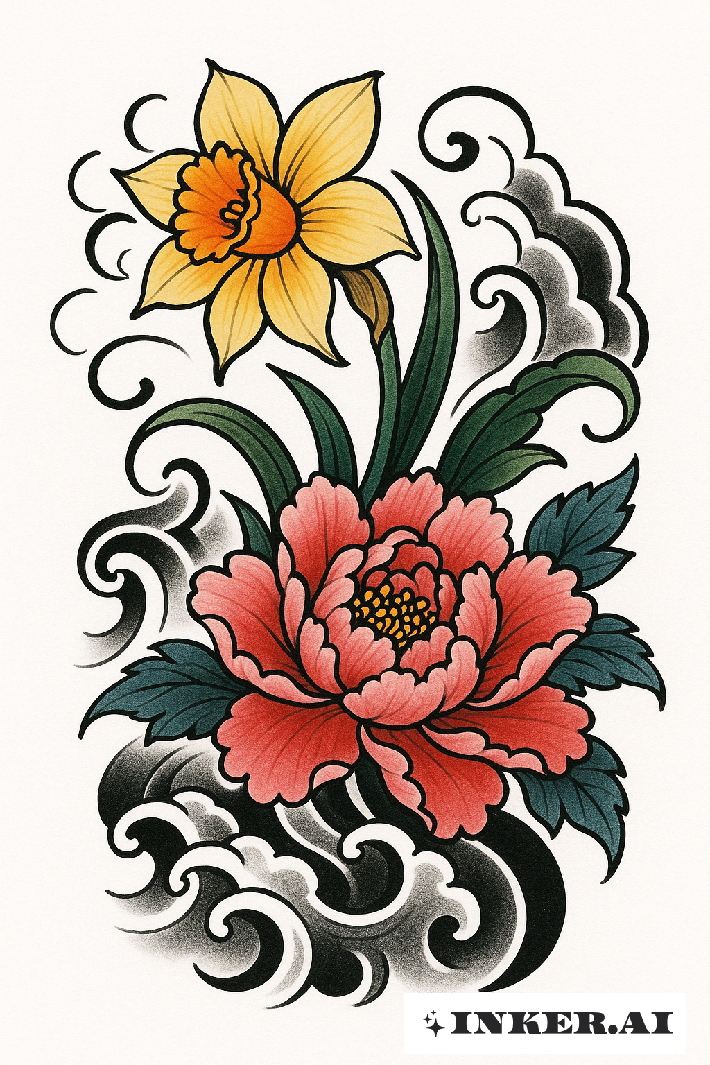 Style Ukiyo-e Narcisse et Pivoine
