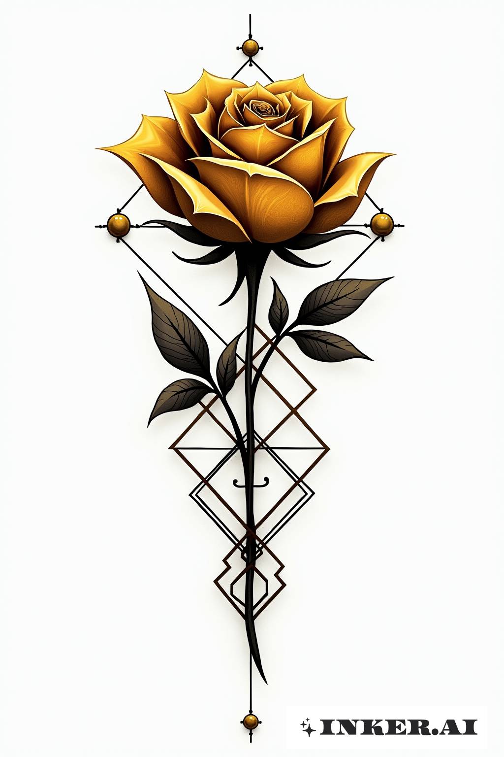 Una rosa dorada intrincadamente diseñada con formas y patrones geométricos, fusionando elegancia con arte moderno.