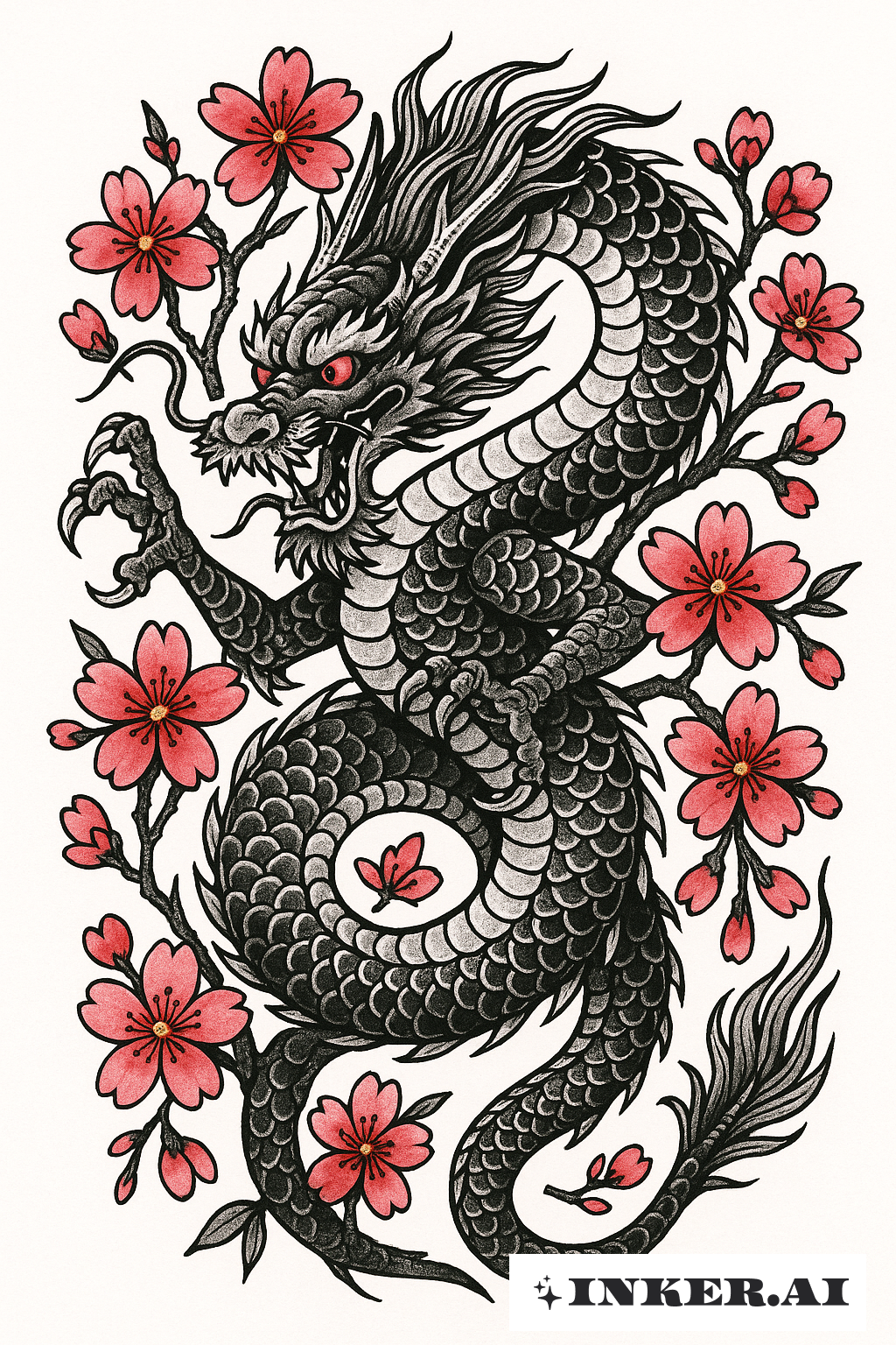 威猛的日本龍與櫻花