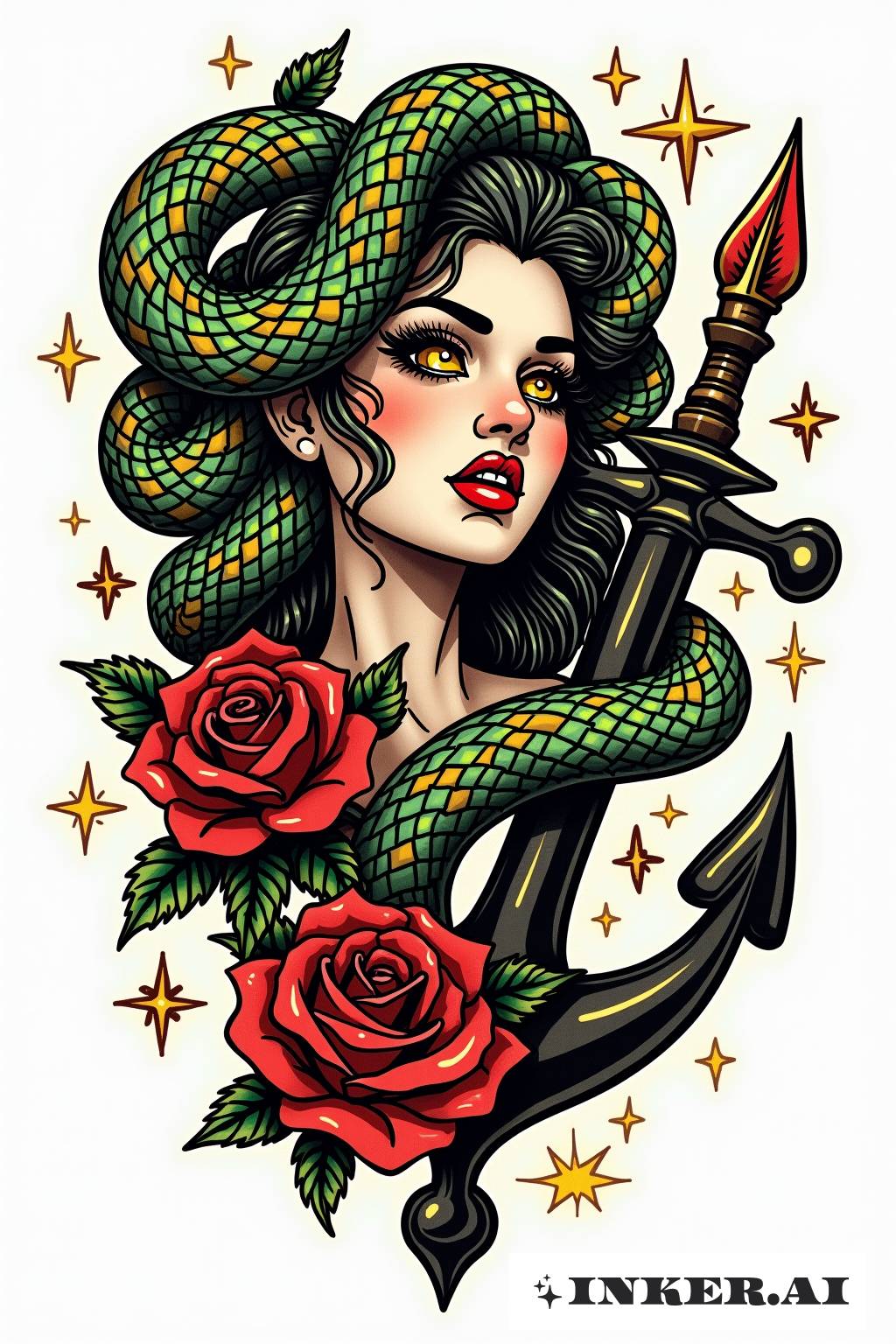 輝く鱗を持つメデューサを描いたタトゥーで、蛇の髪を持つ頭と強烈な目がアメリカンスタイルで表現されています。