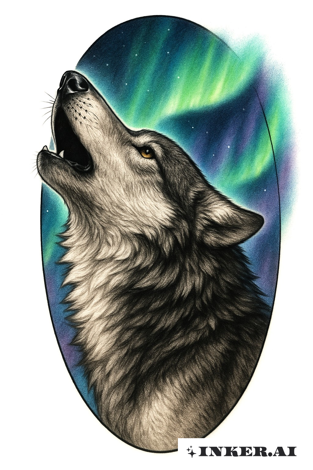 Un tatuaje fascinante que representa un lobo aullando bajo la impresionante exhibición de luces del norte con montañas y árboles como telón de fondo.
