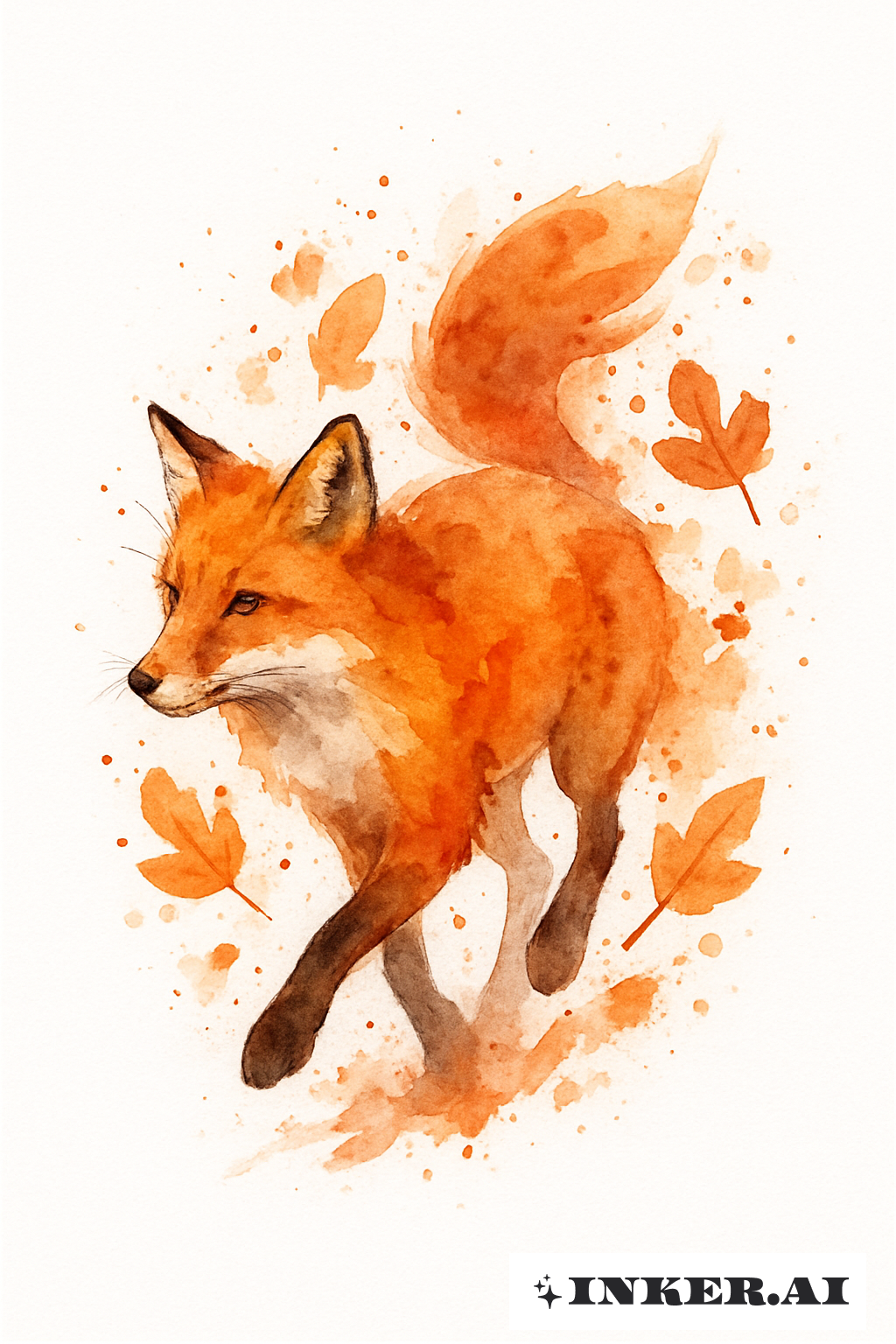 Un renard aquarelle avec des éclaboussures de couleurs d'automne