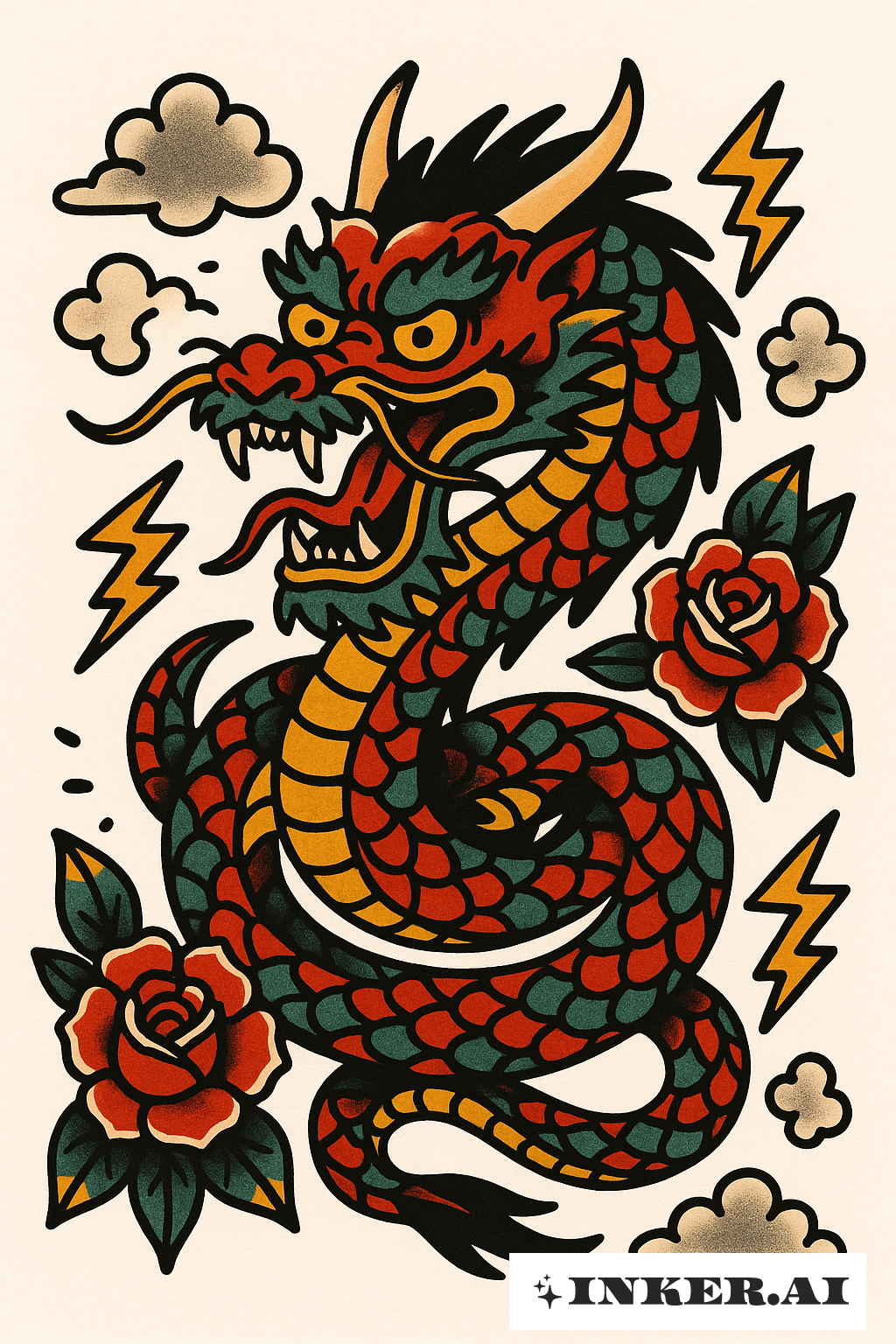 Dragón Chino Enroscado con Mirada Feroz