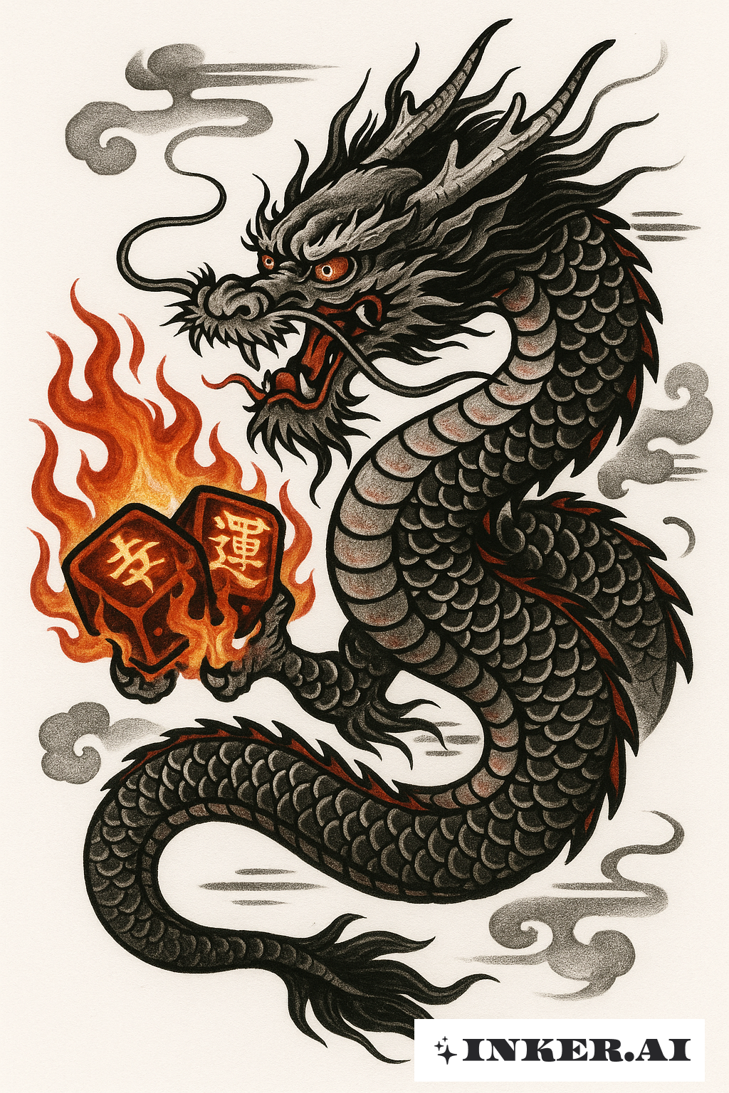 Ryu Dragon Clutching a Pair of Fiery Dice