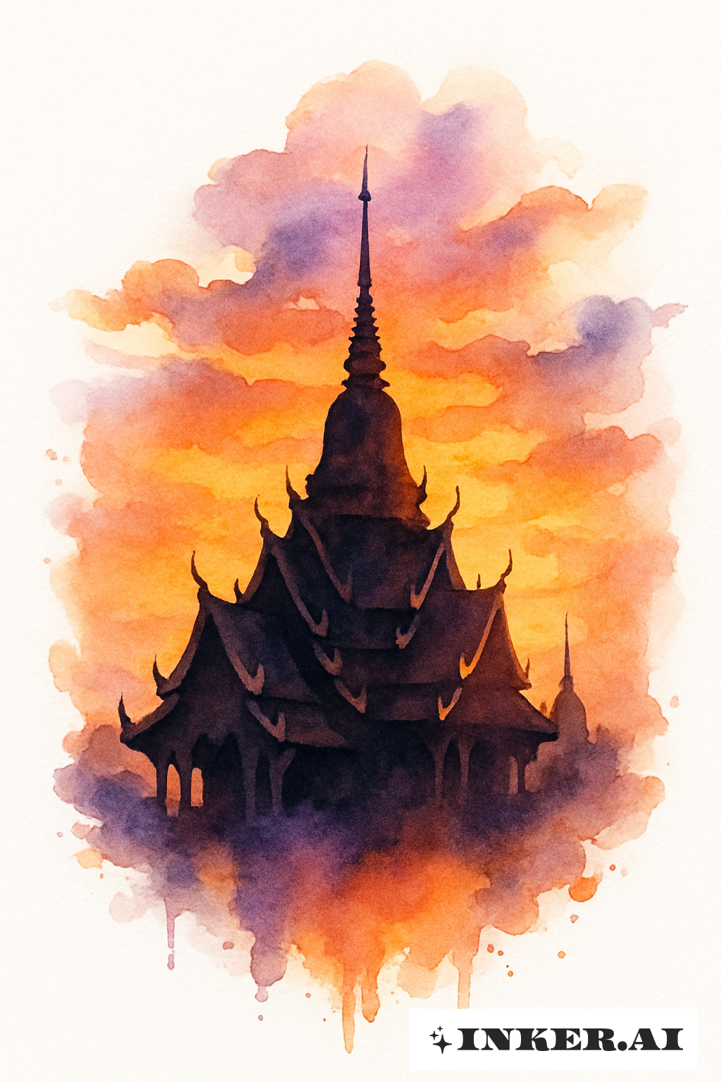 仏教寺院の背後に広がる夕焼けの色合い