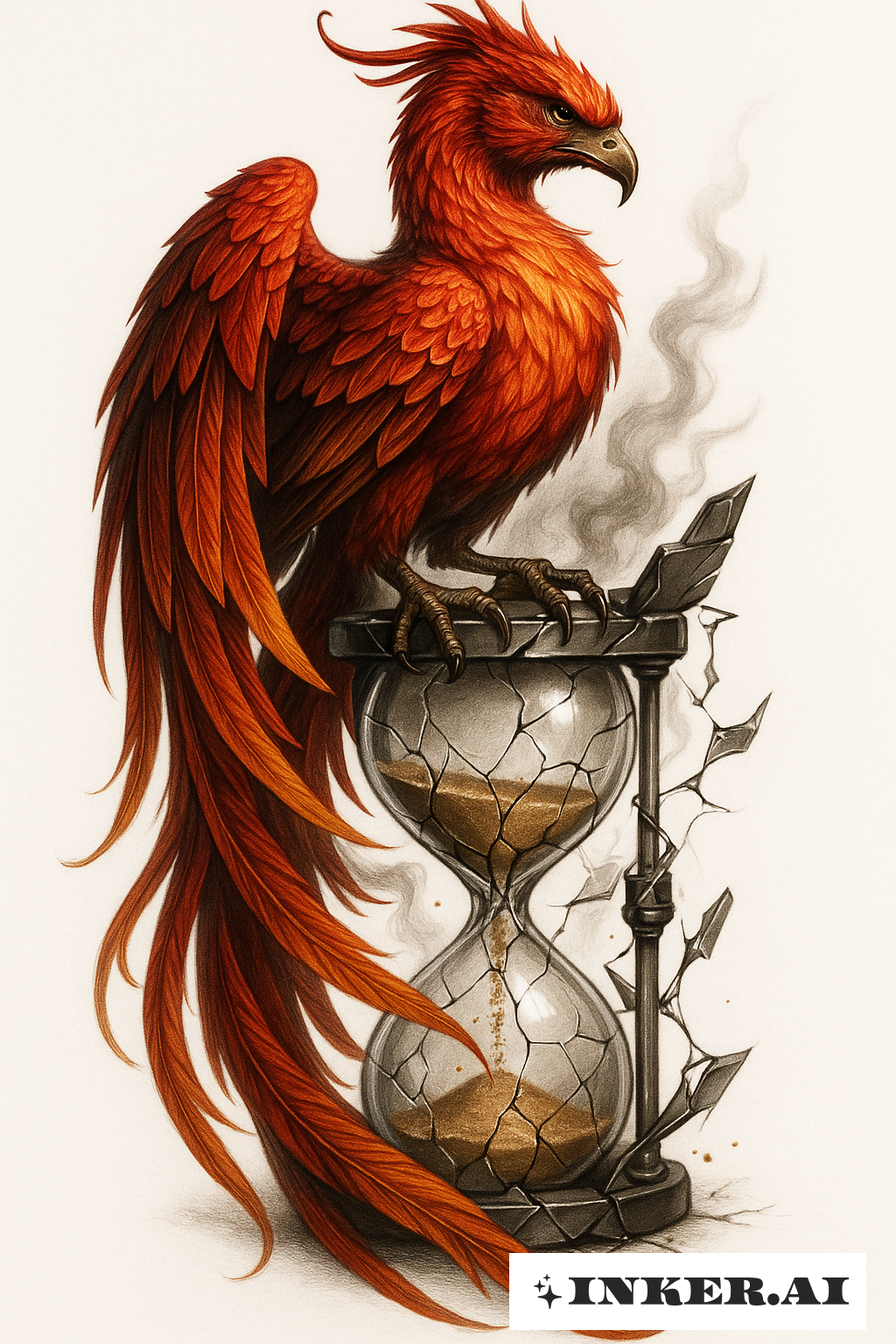 Un phénix majestueux aux plumes éclatantes se tient au sommet d'un sablier brisé, symbolisant la renaissance et le passage du temps.