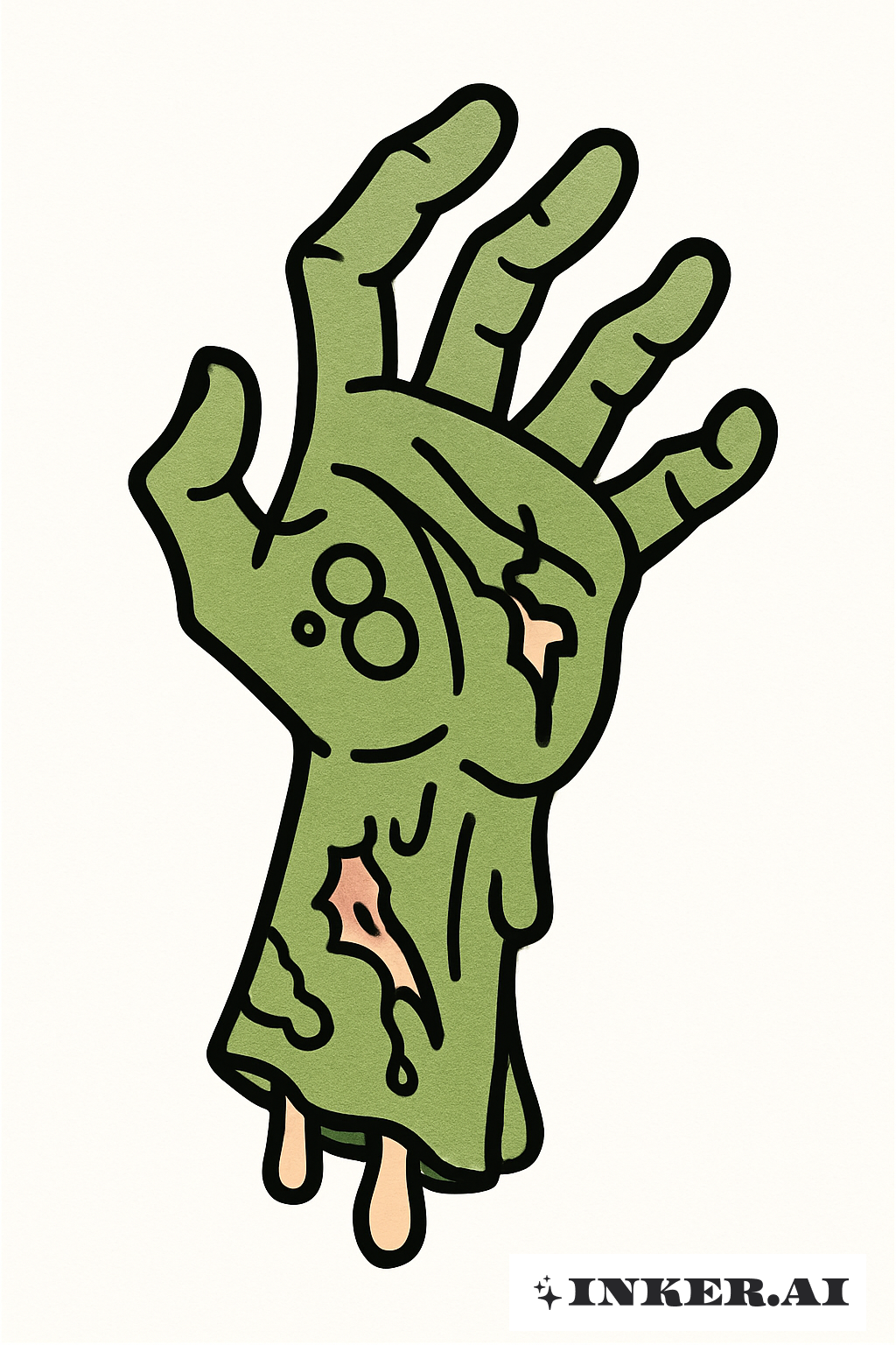 Eine Cartoon-Zombiehand, infiziert und greifend