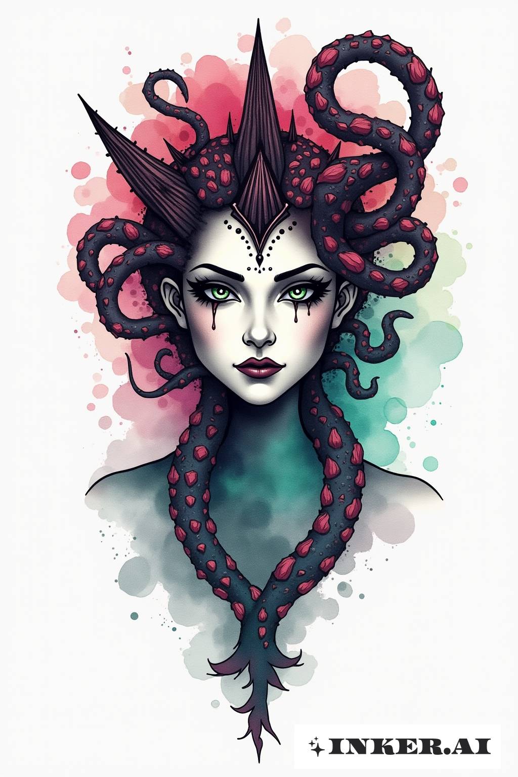 Ein lebendiges Aquarell-Tattoo mit Medusa, deren Kopf von Schlangen umgeben ist, umgeben von lebhaften obsidianfarbenen Blütenblättern vor einem Farbensplash.