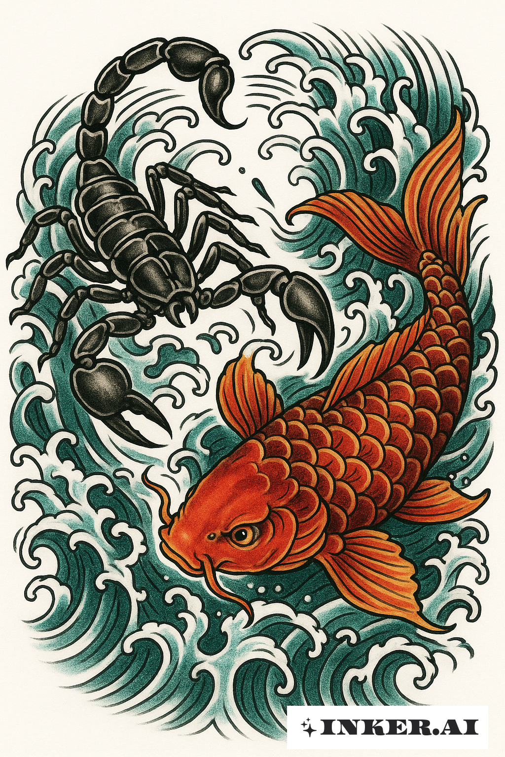 Scorpio Battling a Koi in Waves