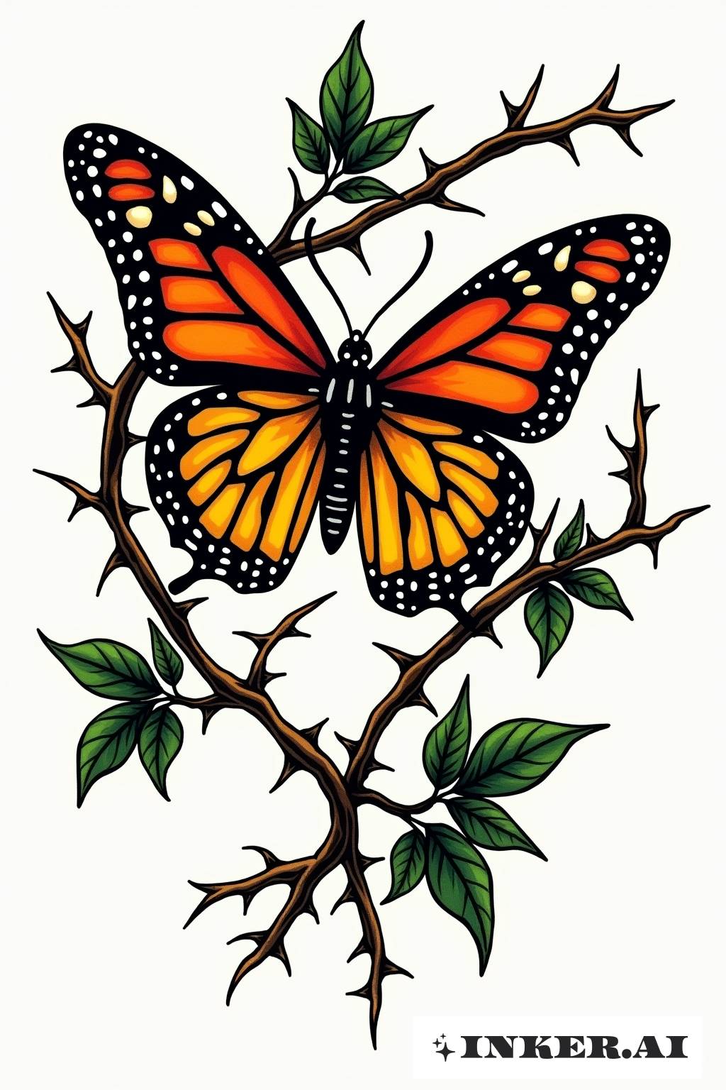 A bold tattoo design featuring a butterfly intertwined with thorny vines, showcasing striking black outlines and muted colors typical of American Traditional style.