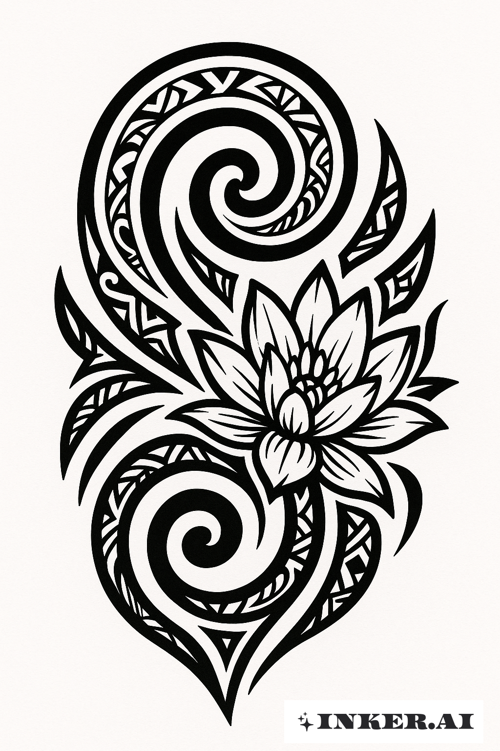 Diseño de Tatuaje Koru y Lirio de Agua Inspirados en el Arte Maori:  Descarga Gratis y Prueba Virtual, image size:1024x1536