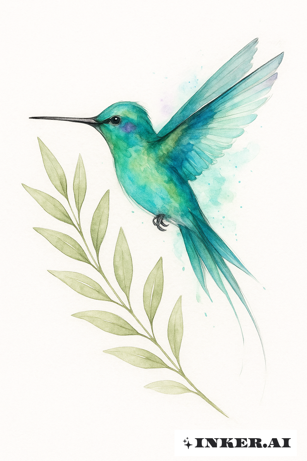 Beija-flor e um Ramo de Oliveira em Aquarela