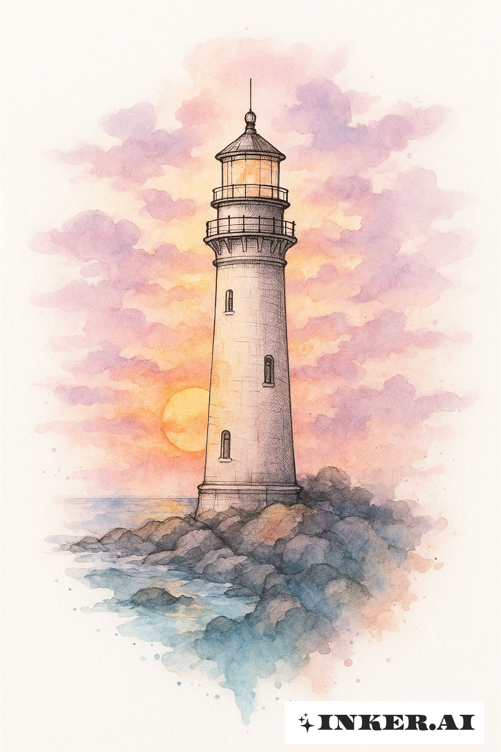 Sunset Sky Watercolor Lighthouse