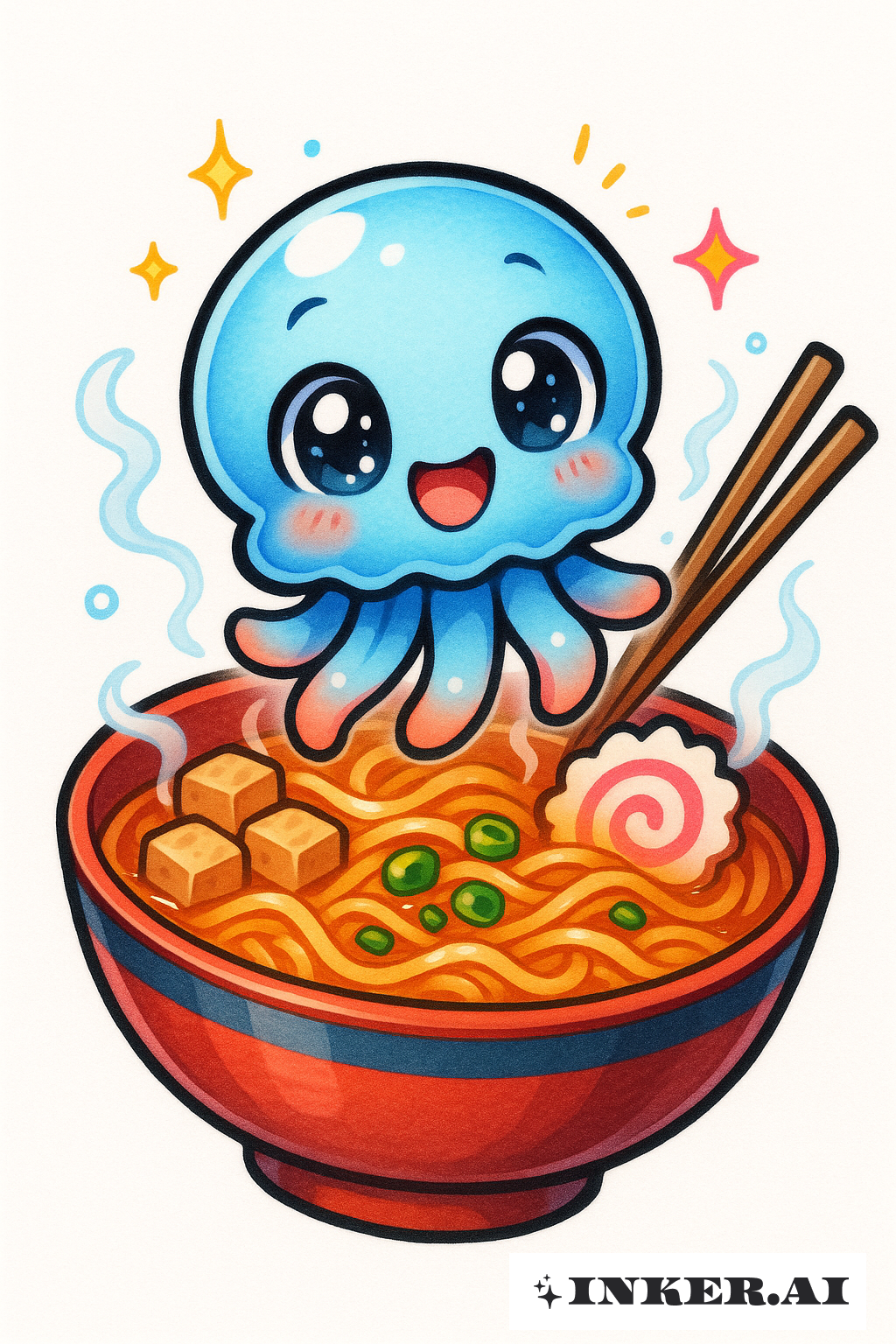Petite méduse Chibi flottant dans un bol de ramen