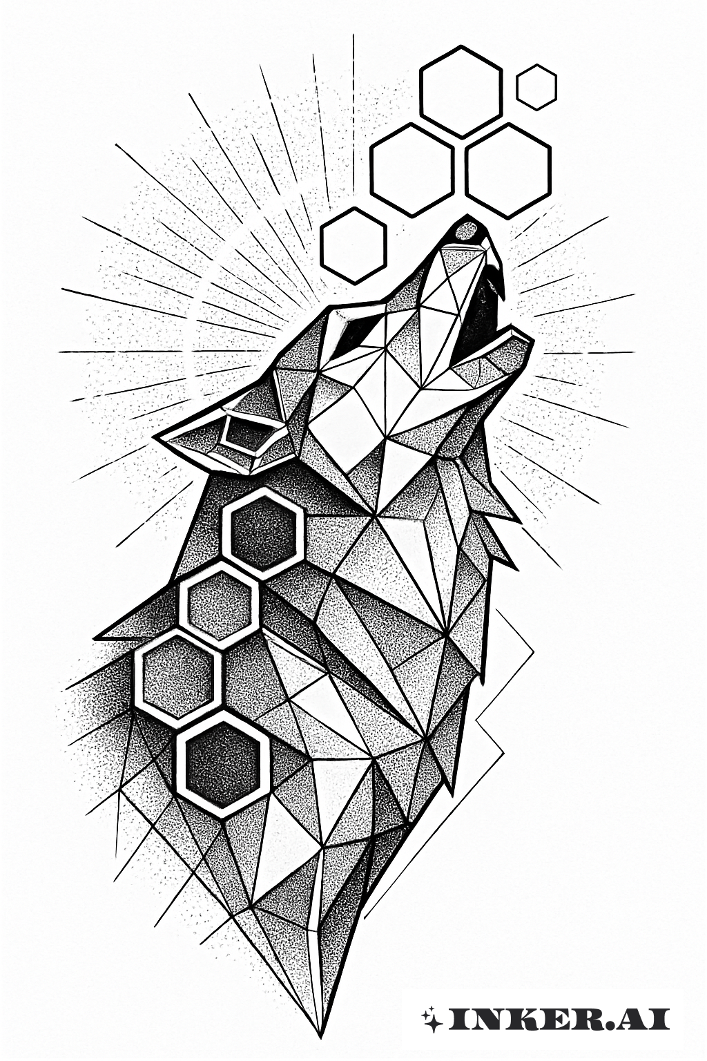 El tatuaje presenta un lobo geométrico aullando, rodeado de patrones hexagonales que crean un estilo artístico único.