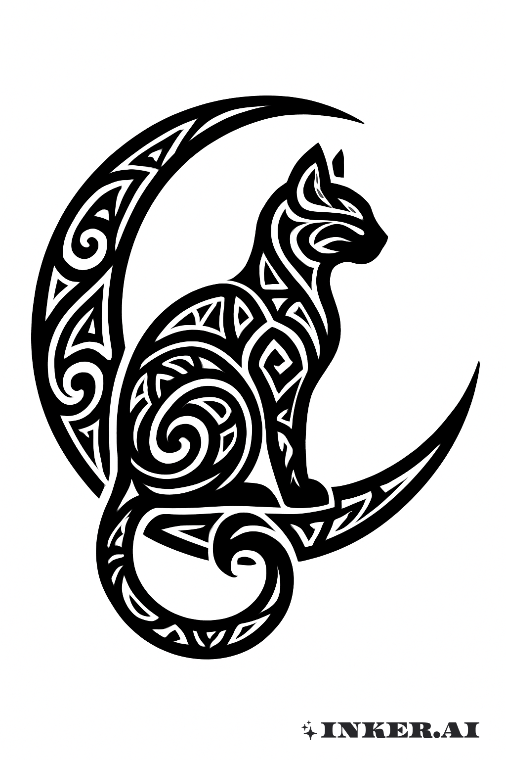 Tribal Cat Silhouette On A Crescent Moon
