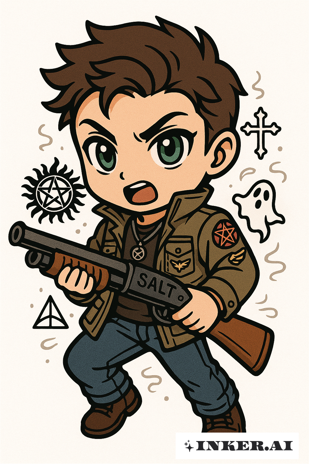 Um Caçador Sobrenatural Chibi com uma Espingarda de Sal