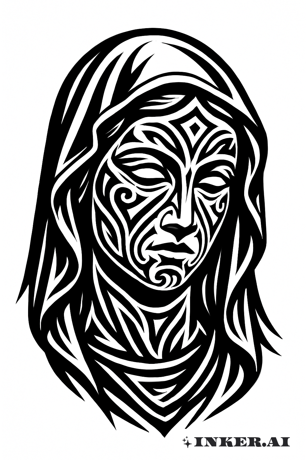 Le visage de la Vierge Marie avec des marques tribales