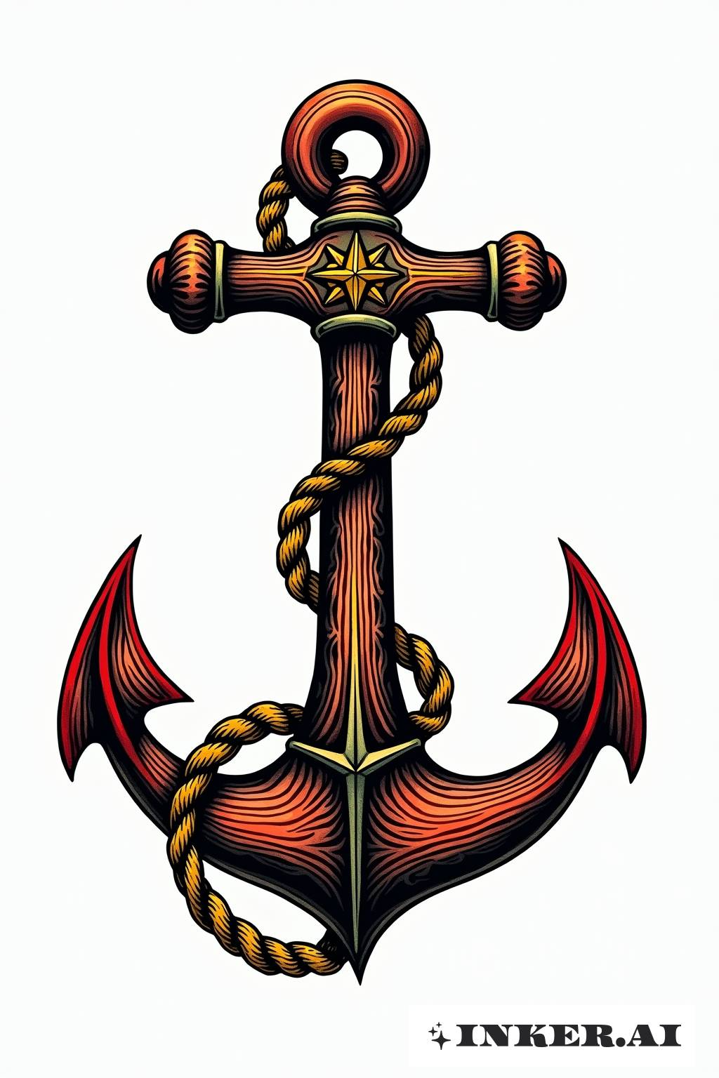 Design de tatuagem apresentando uma cruz ousada entrelaçada com uma âncora e acentuada por uma torção de corda, renderizada em cores vibrantes e padrões tradicionais.
