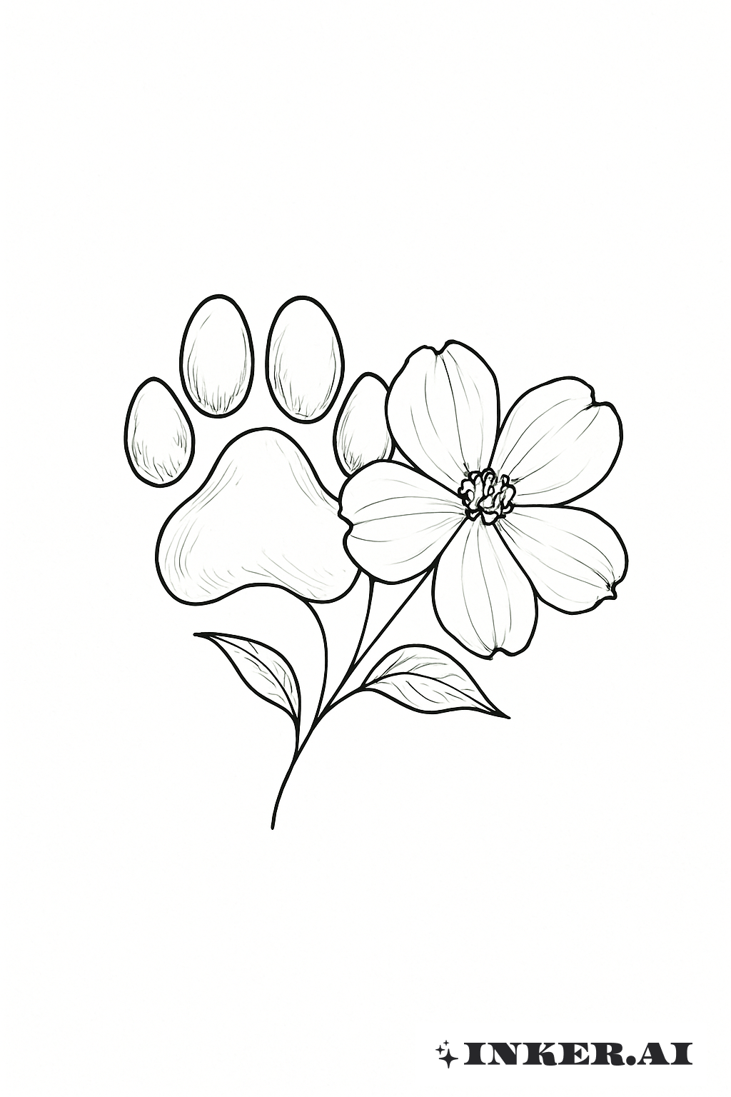 Une ligne fine: Empreinte de patte de chien et fleur de cornouiller
