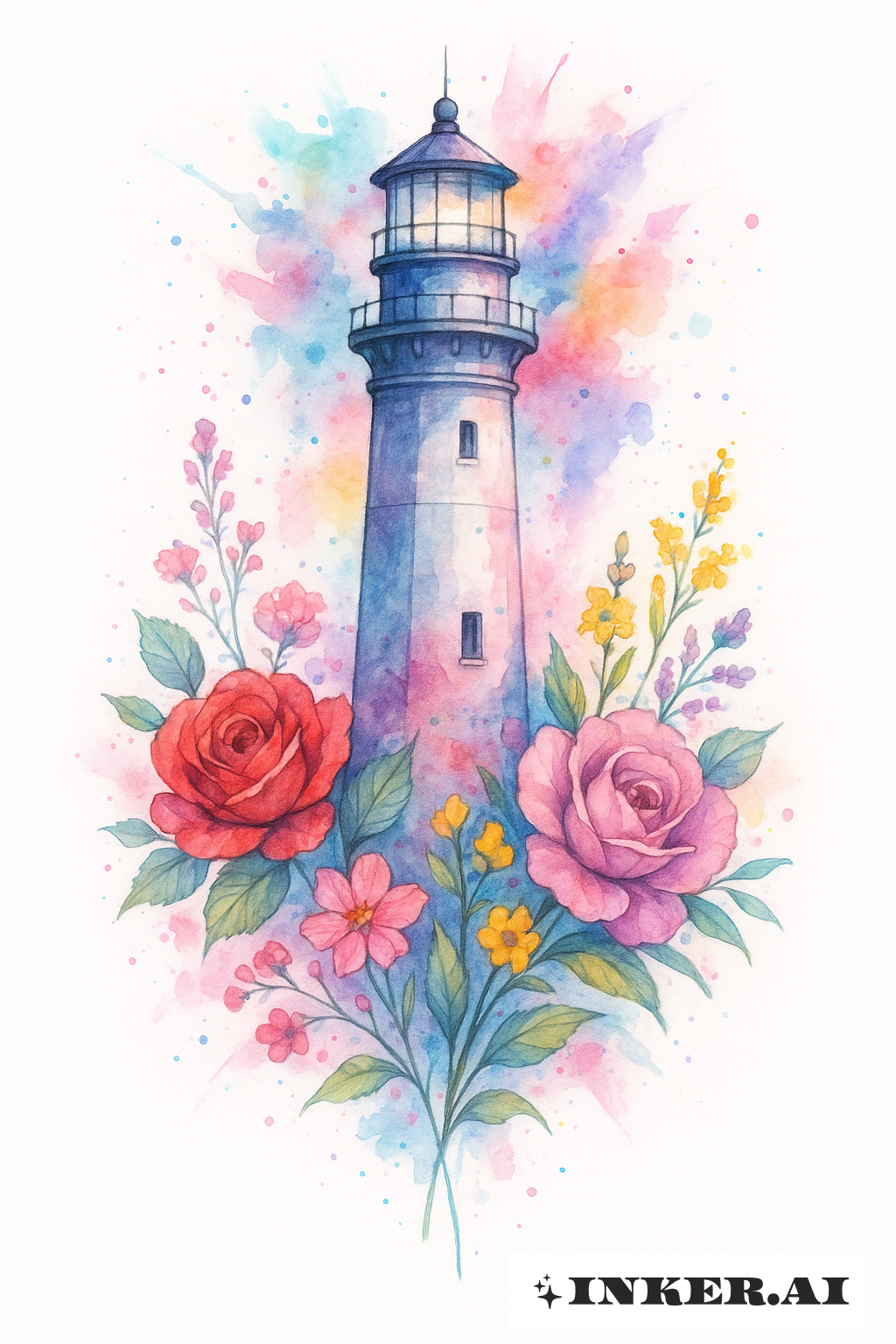 Floral Watercolor Splatter Lighthouse
