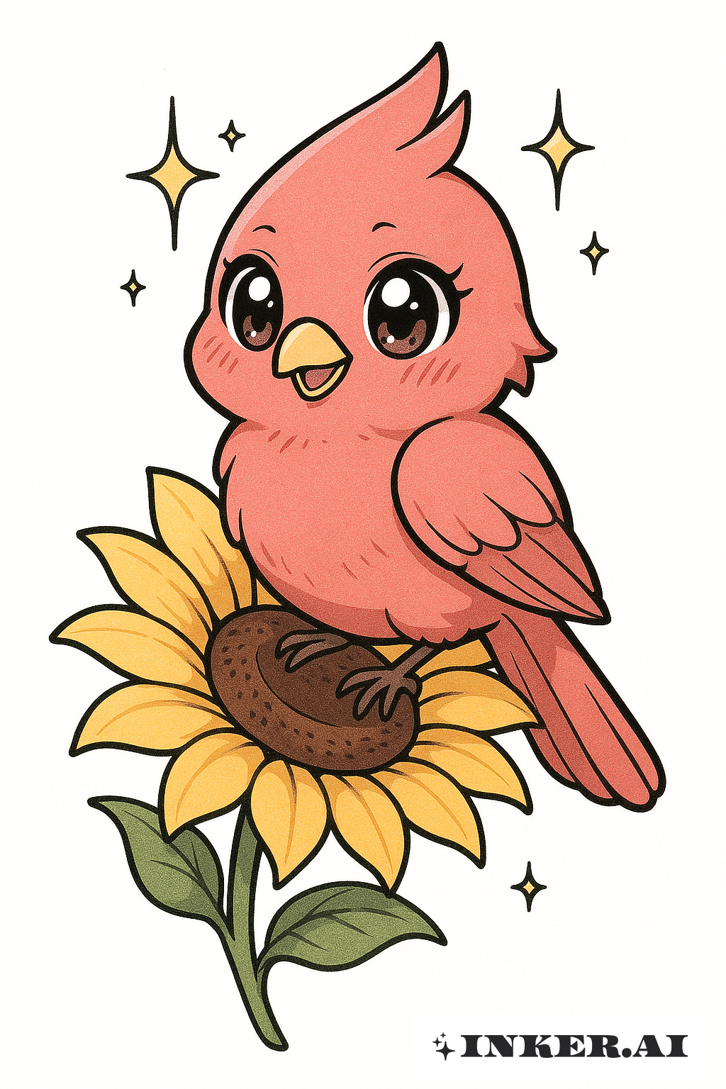 Kawaii-Kardinal mit Sonnenblumentätowierung