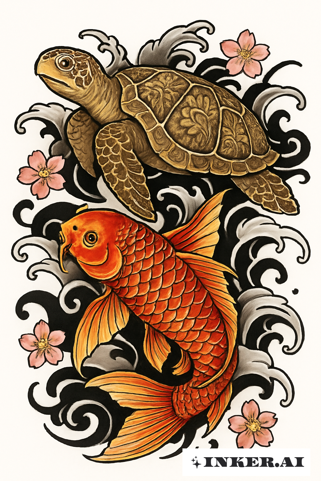 Irezumi Style Sea Turtle and a Koi Fish