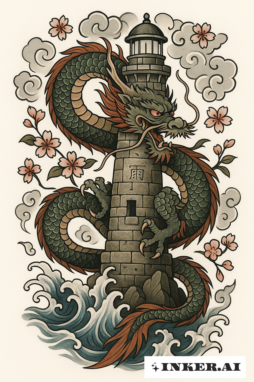 Dragon Enroulé Autour d'un Phare en Pierre